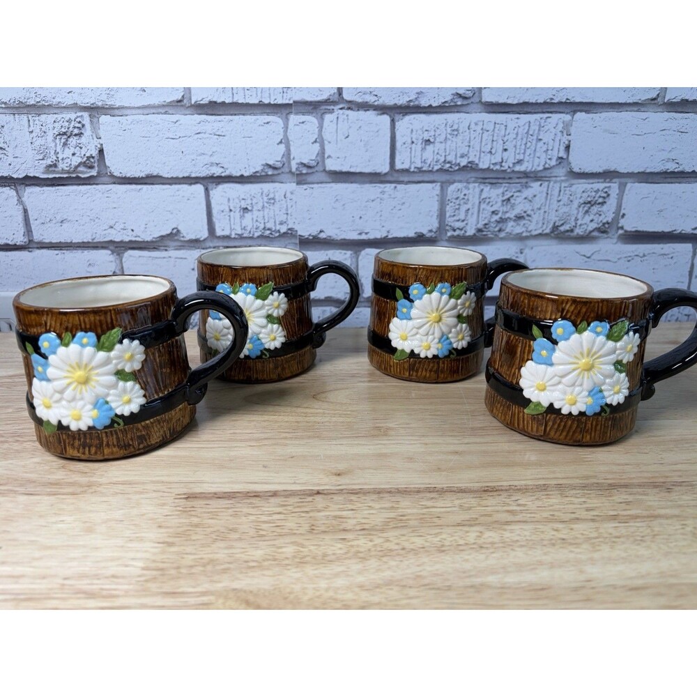4 Atlantic Mold Ceramic Flower Barrel Coffee Mugs 1979 Handmade Vintage Mint - Picture 1 of 11
